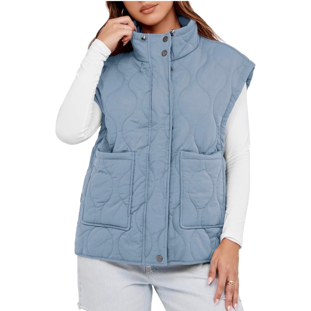 Cicy Bell Blue Quilted Puffer Vest Sleeveless Zip Snap Front Jacket Stand Collar - Picture 3 of 3